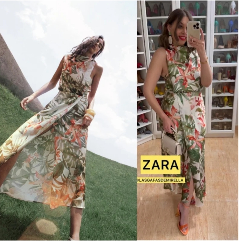 ZARA  tropical print midi dress Ecru / Green size Xl new with tag